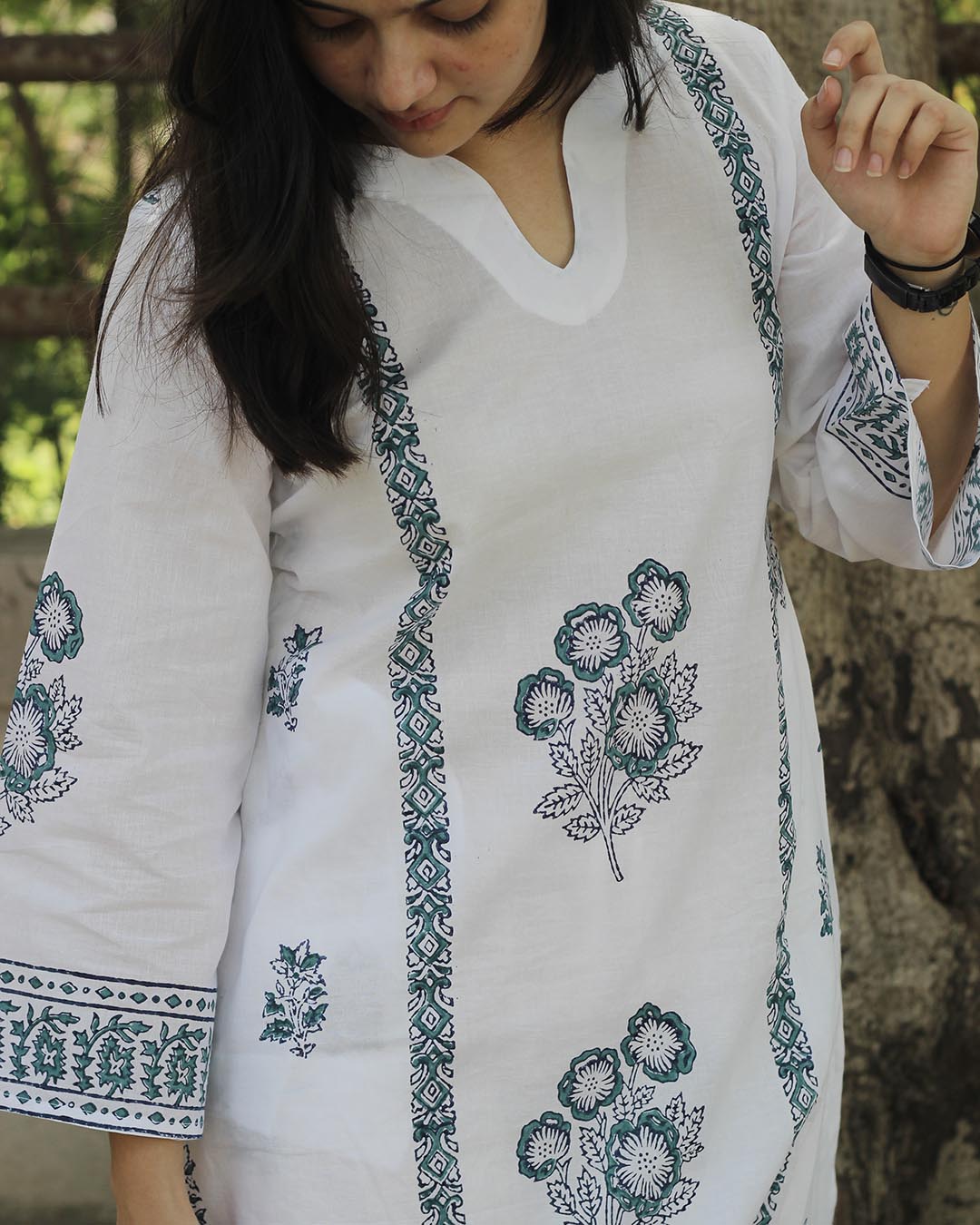 Handblock printed Green contrast kurta set