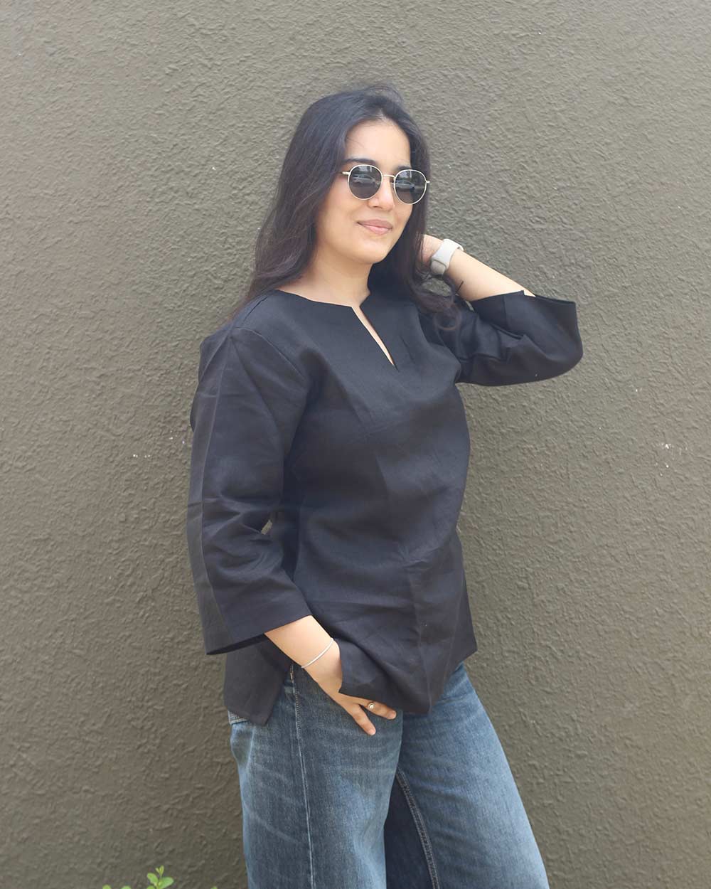 Black Linen Short Kurta