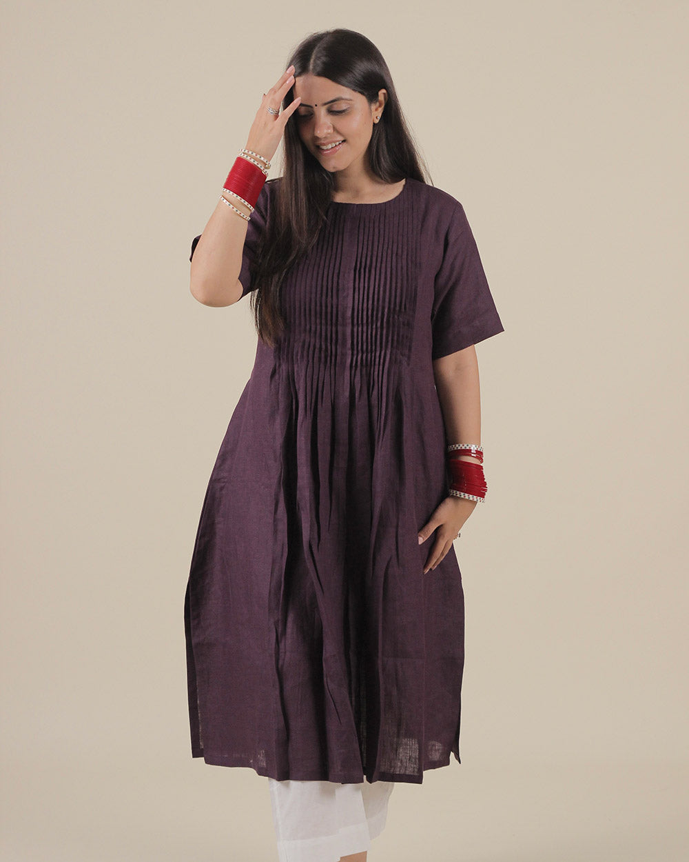 Jamun Pleated Pure Linen Kurta