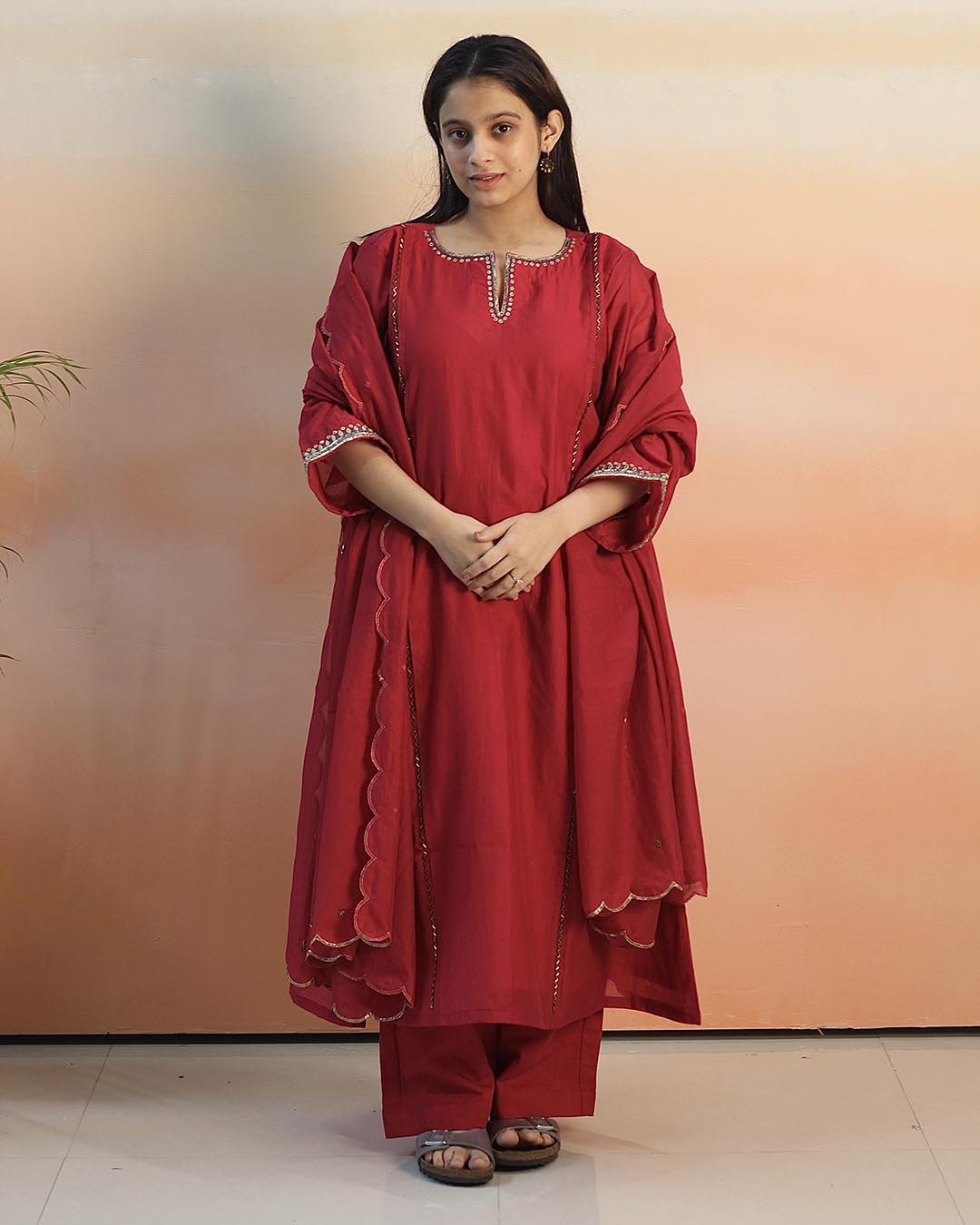 Pink Red Mul Chanderi Suit set - Set of 3