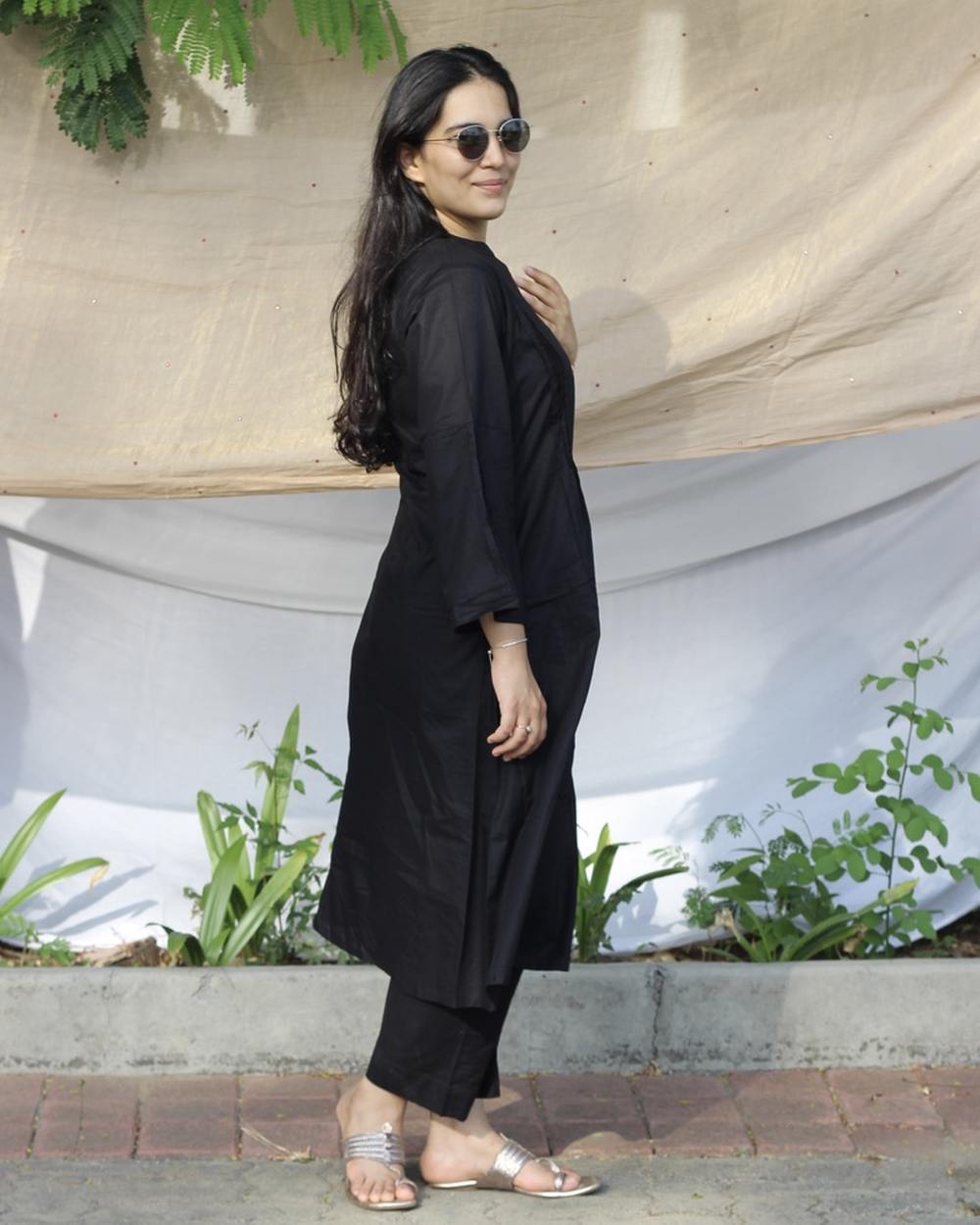 Black Pleated Cotton Kurta Set - Set of 2