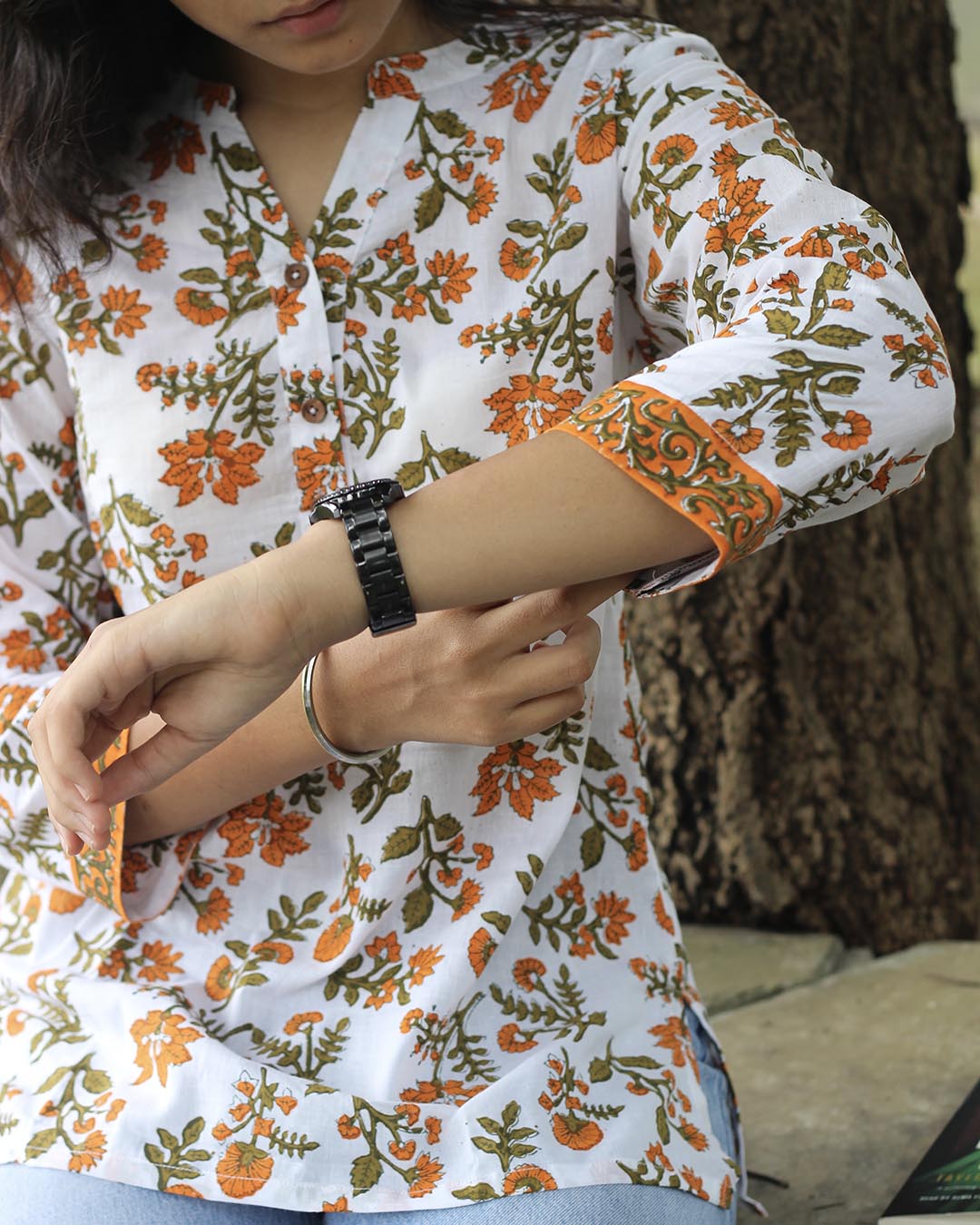Handblock Printed Floral White Short kurta