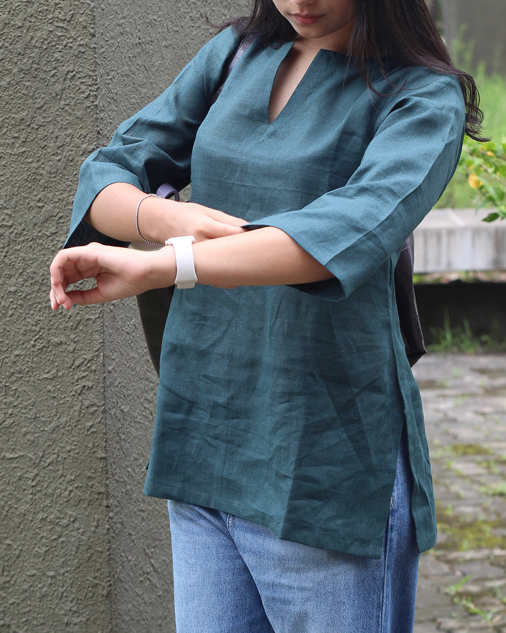 Teal green Linen Short Kurta