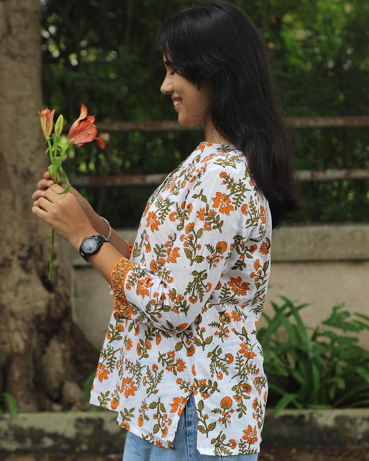 Handblock Printed Floral White Short kurta