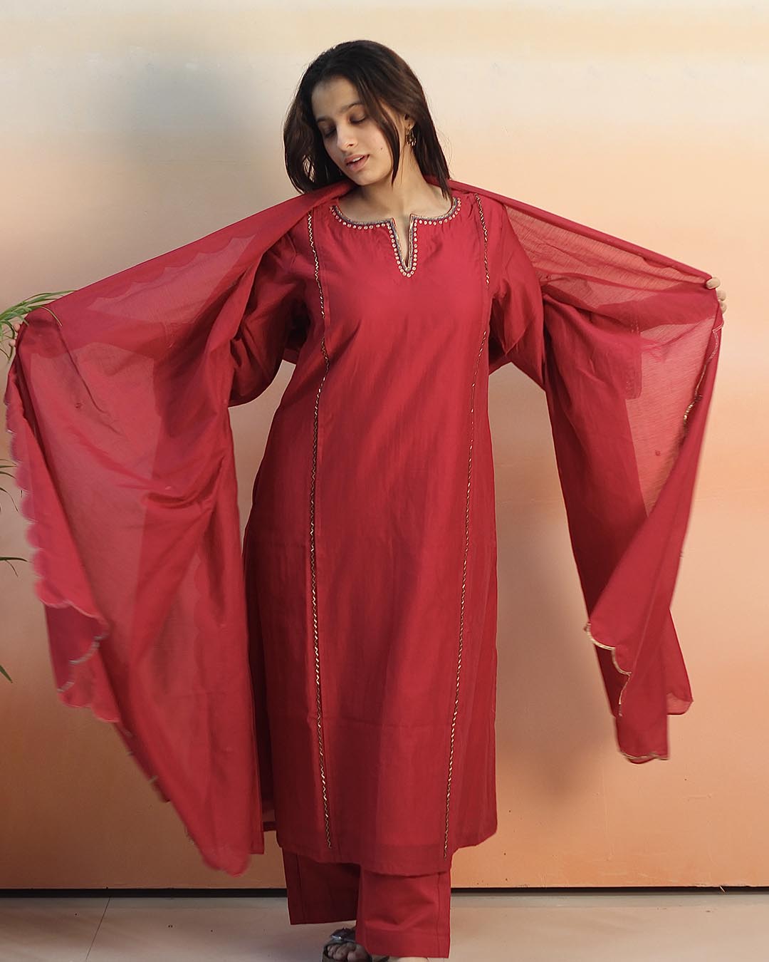 Pink Red Mul Chanderi Suit set - Set of 3