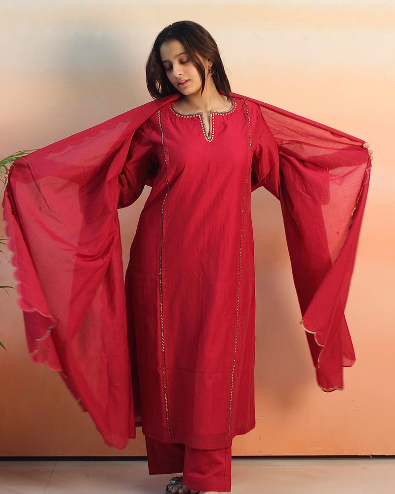 Pink Red Mul Chanderi Suit set - Set of 3
