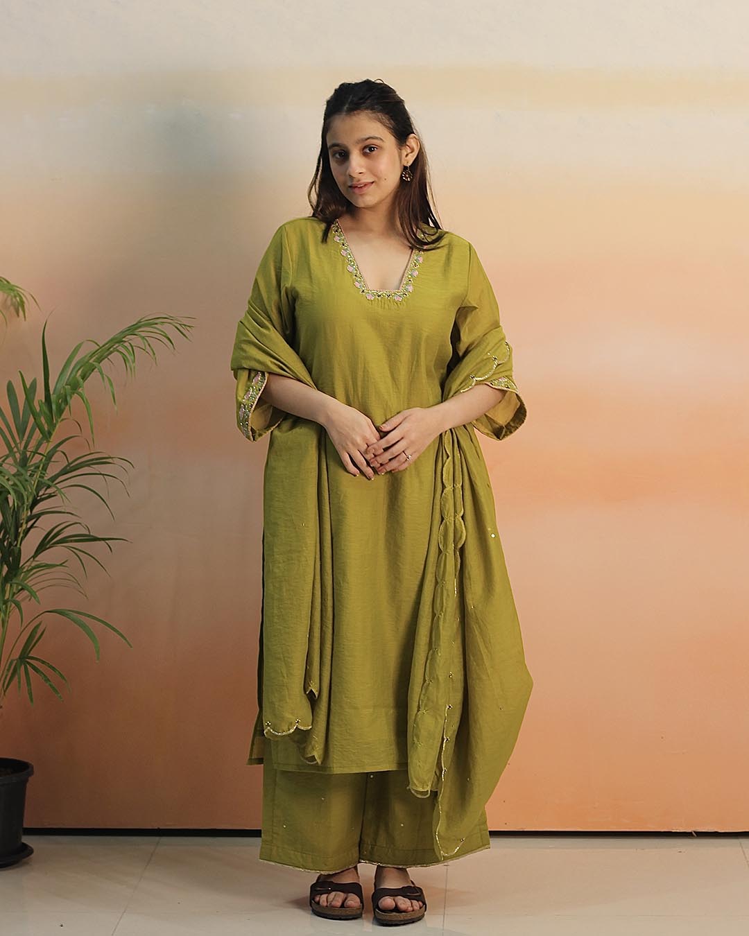 Pear Green Mul Chanderi Suit Set- Set of 3