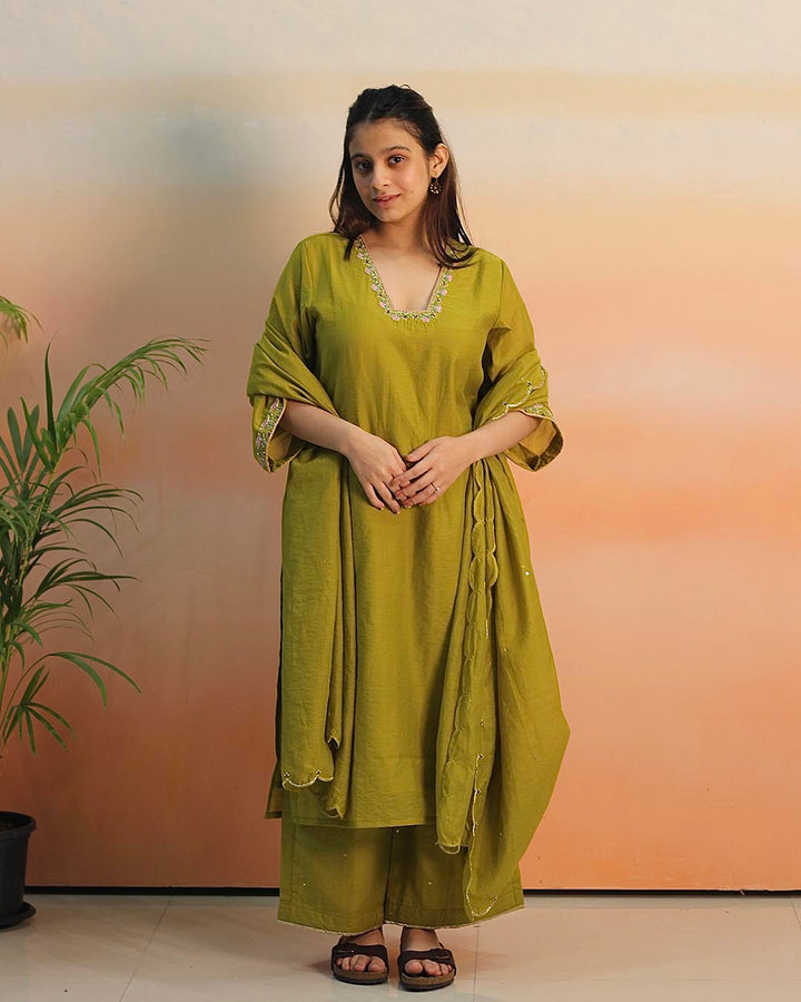 Pear Green Mul Chanderi Suit Set- Set of 3