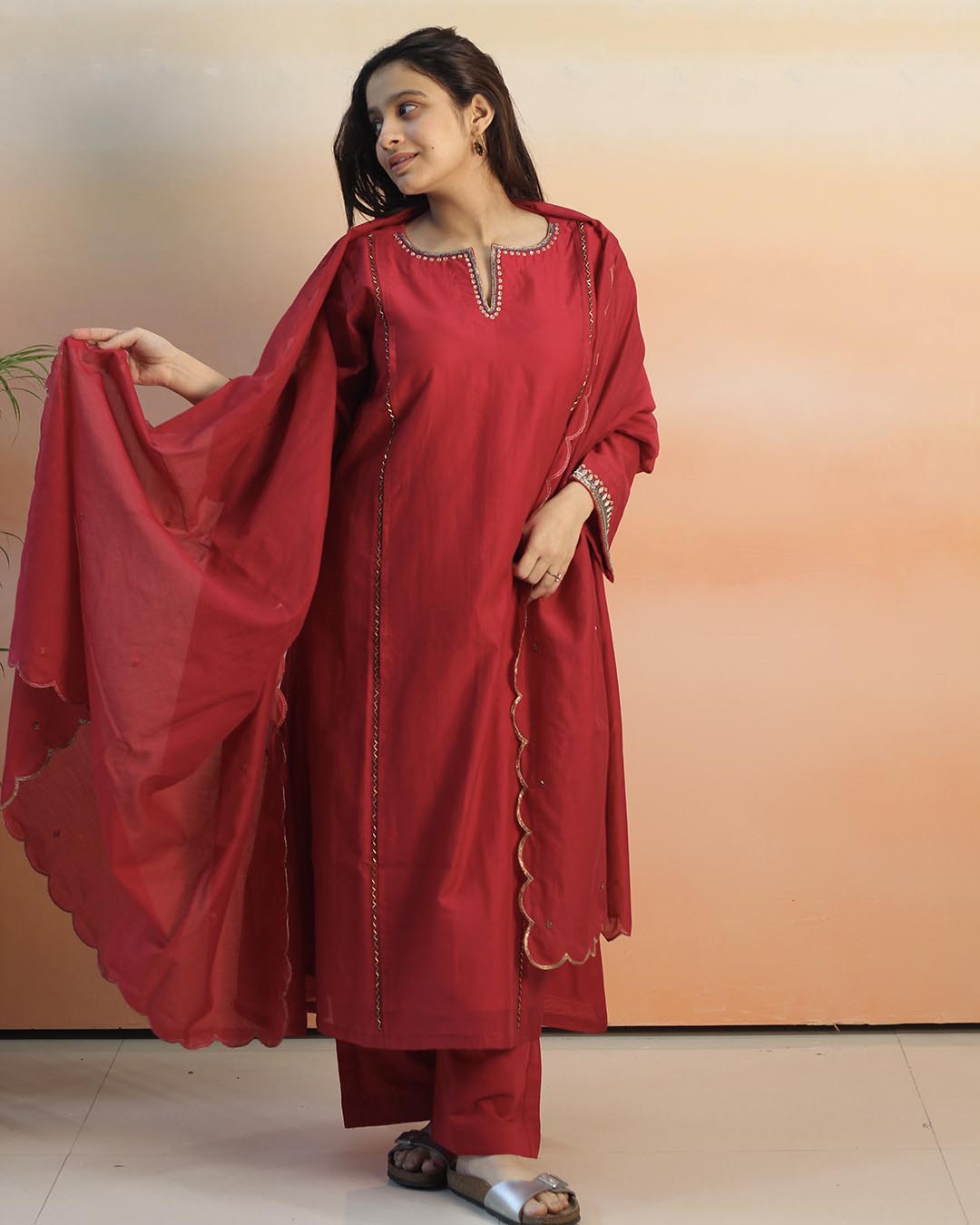 Pink Red Mul Chanderi Suit set - Set of 3