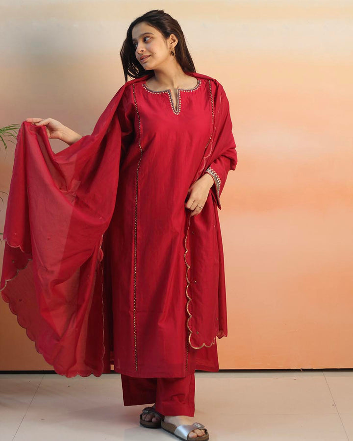 Pink Red Mul Chanderi Suit set - Set of 3