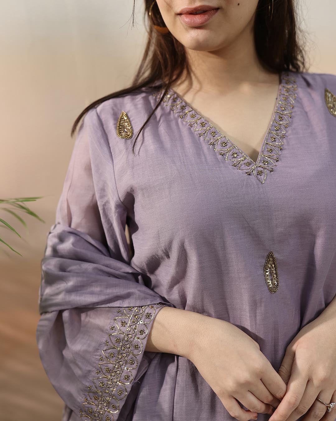 Mauve Mul Chanderi Suit Set- Set of 3