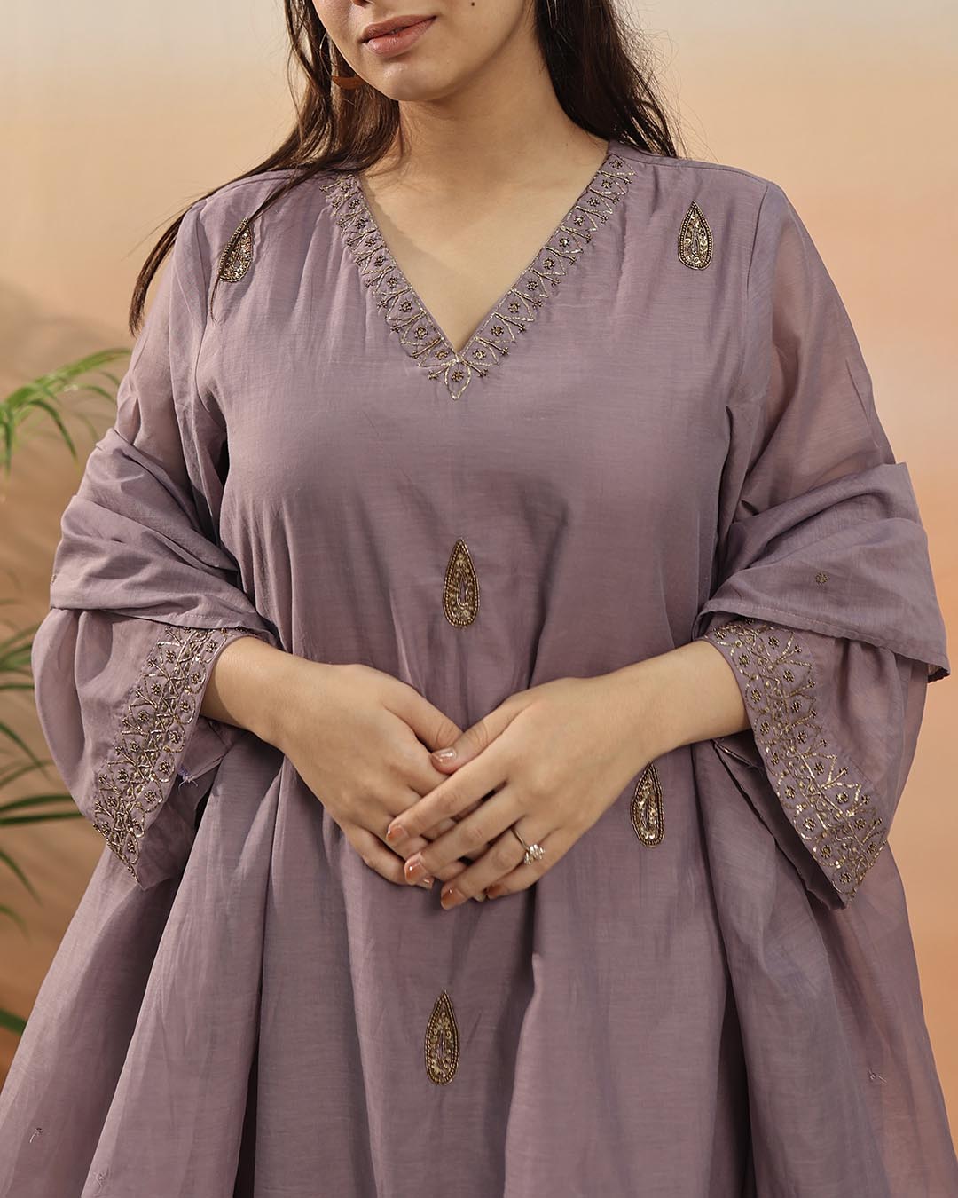 Mauve Mul Chanderi Suit Set- Set of 3