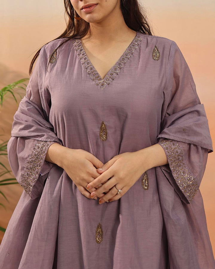Mauve Mul Chanderi Suit Set- Set of 3