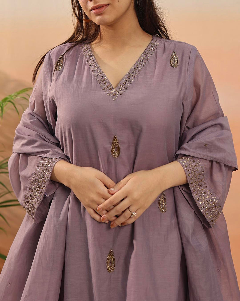 Mauve Mul Chanderi Suit Set- Set of 3