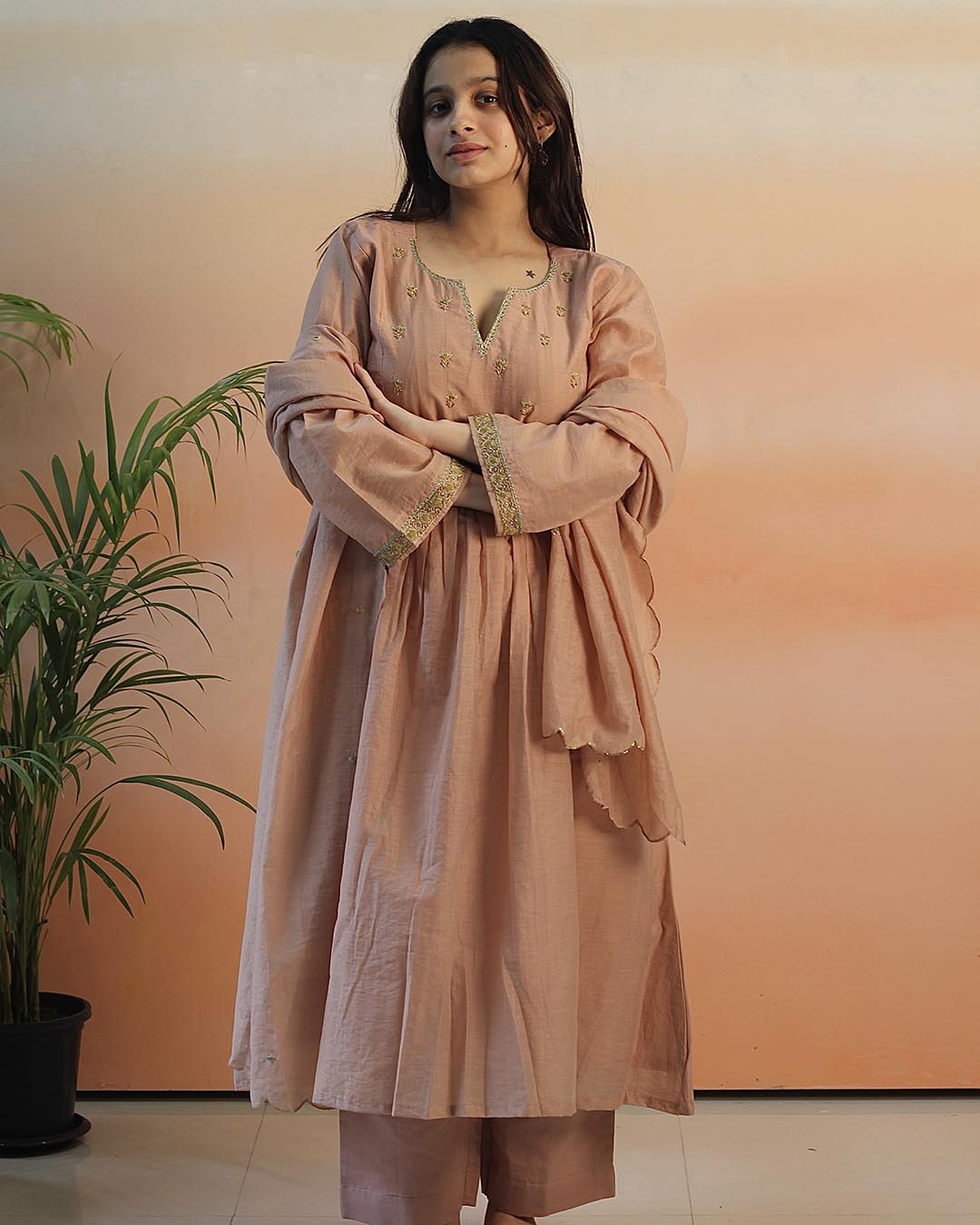 Peach Pink Mul Chanderi Suit set- Set of 3