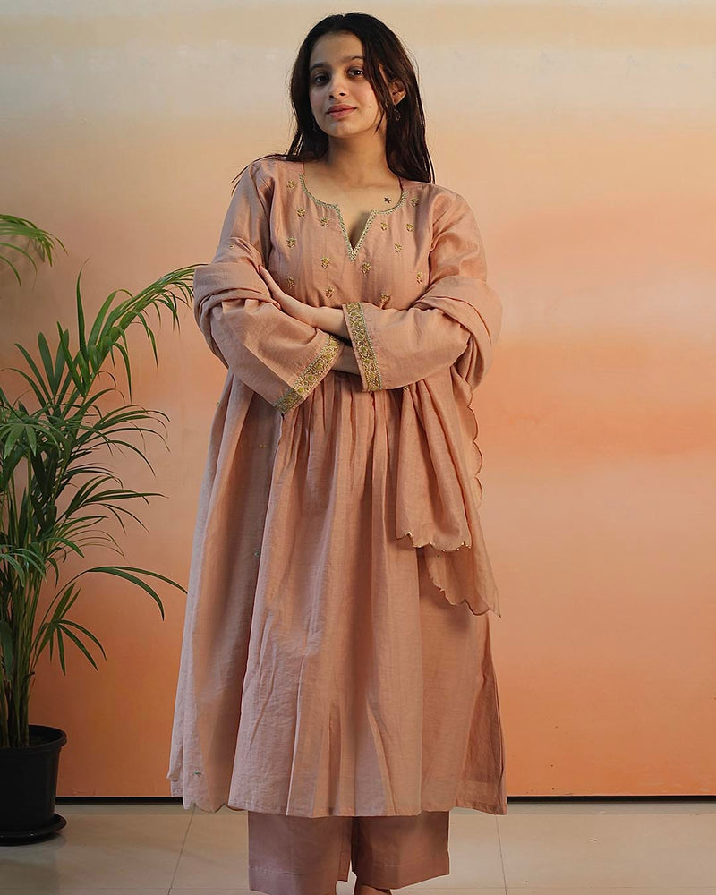 Peach Pink Mul Chanderi Suit set- Set of 3