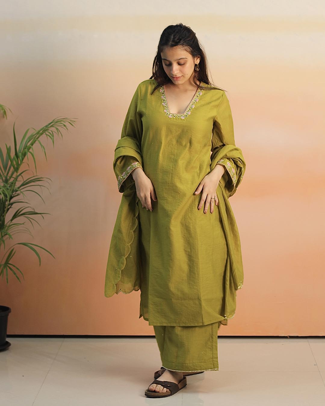 Pear Green Mul Chanderi Suit Set- Set of 3
