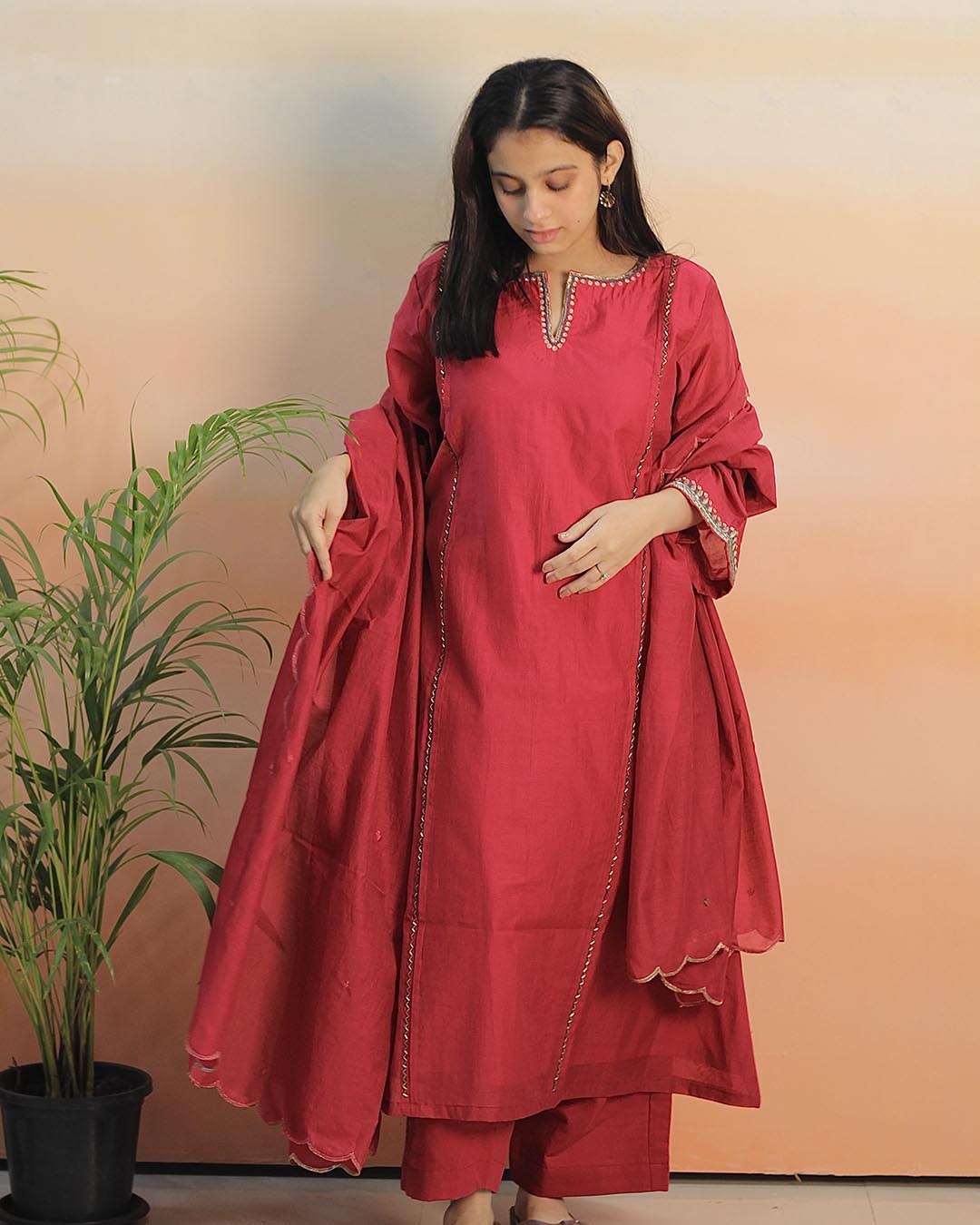 Pink Red Mul Chanderi Suit set - Set of 3