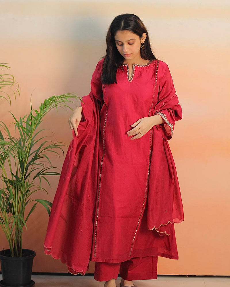 Pink Red Mul Chanderi Suit set - Set of 3