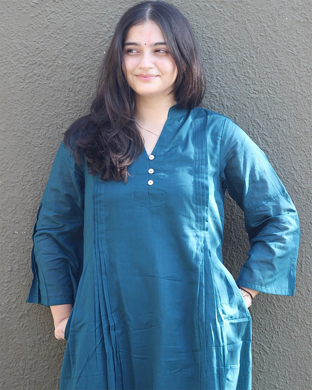 Teal Blue Pleated Cotton Kurta Set- Set of 2