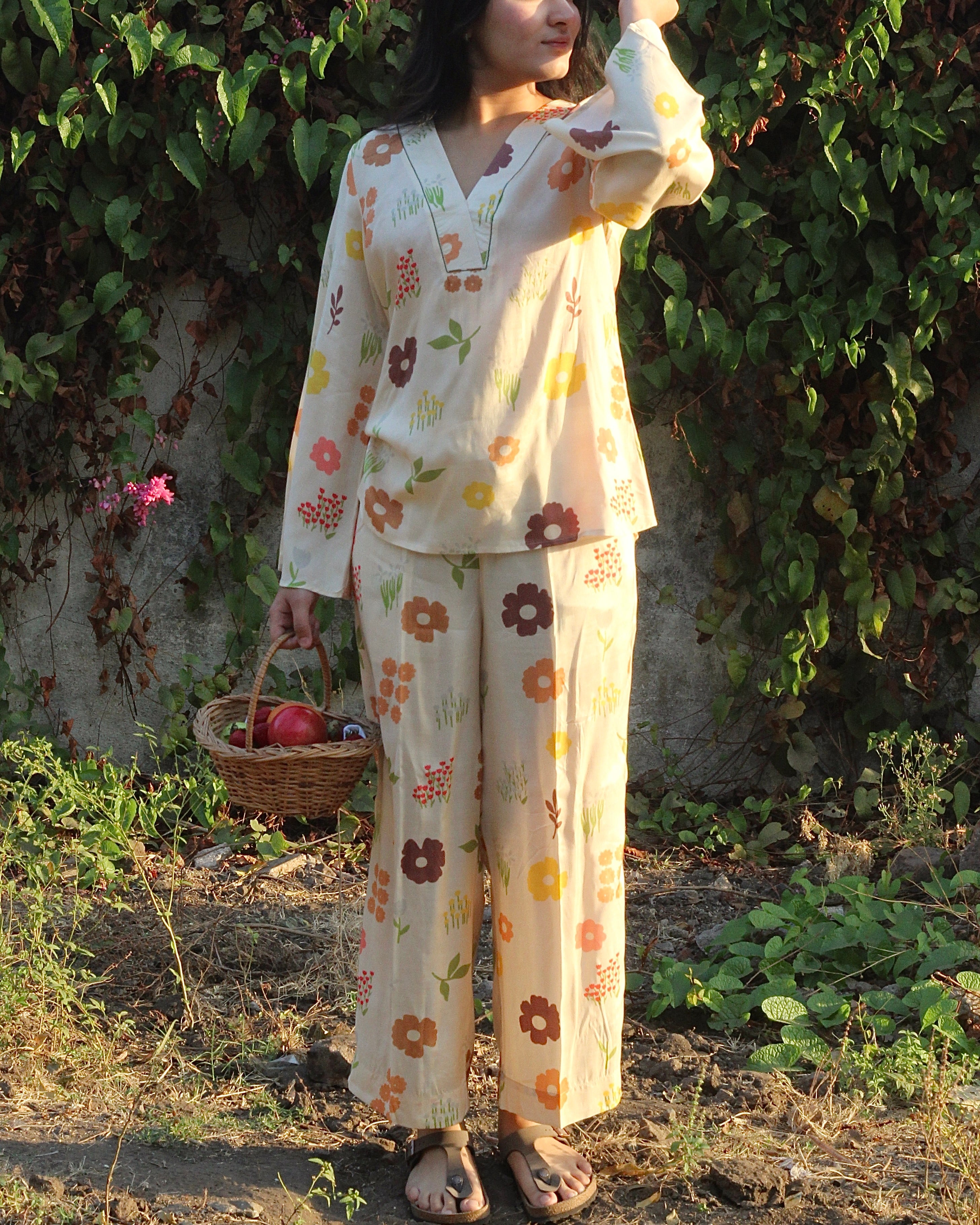 Soft yellow muslin outfit with floral design