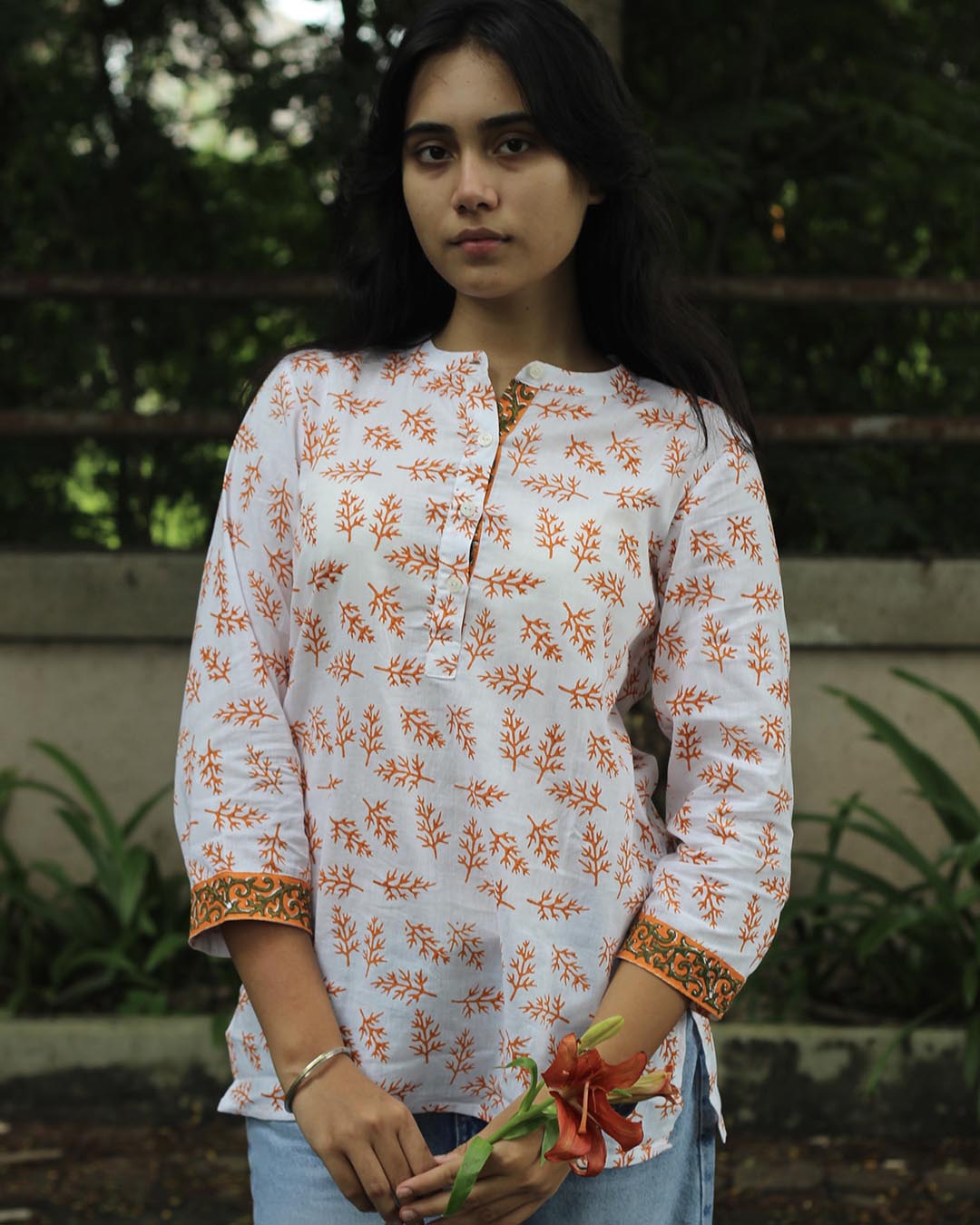 Handblock Printed Branch White Short kurta