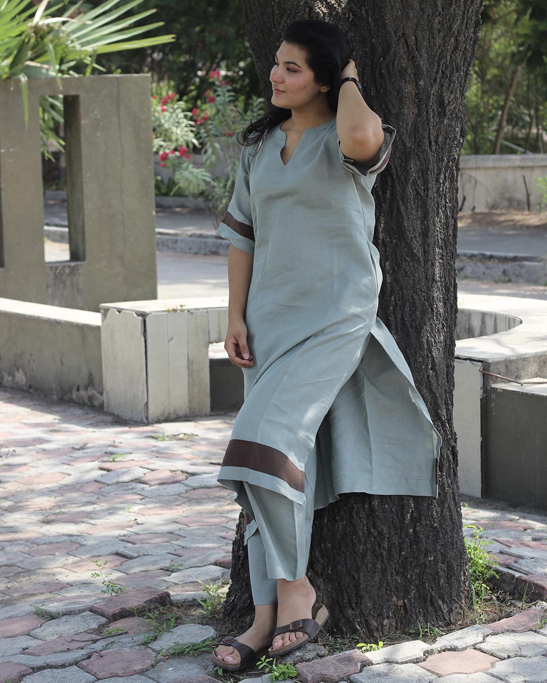 Coffee Stripe Premium Linen Kurta set