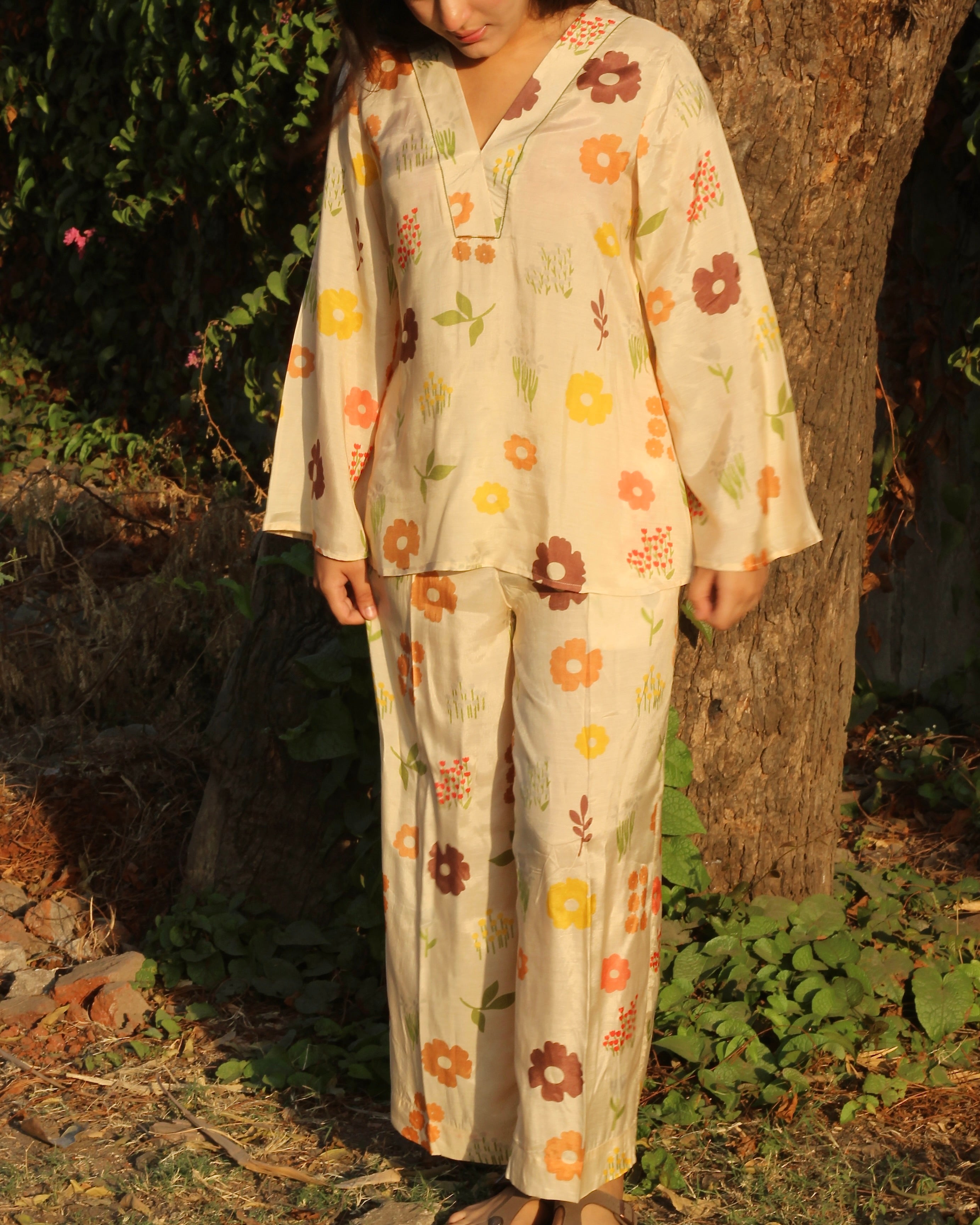 Summer-inspired muslin fabric co-ord with flower motifs