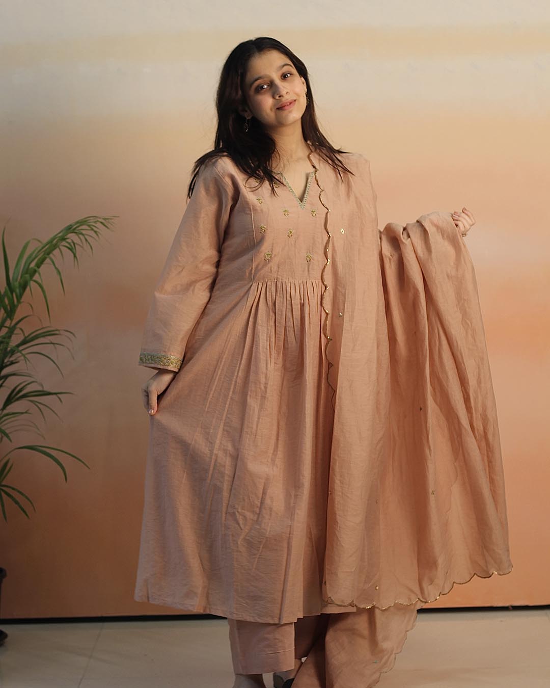 Peach Pink Mul Chanderi Suit set- Set of 3