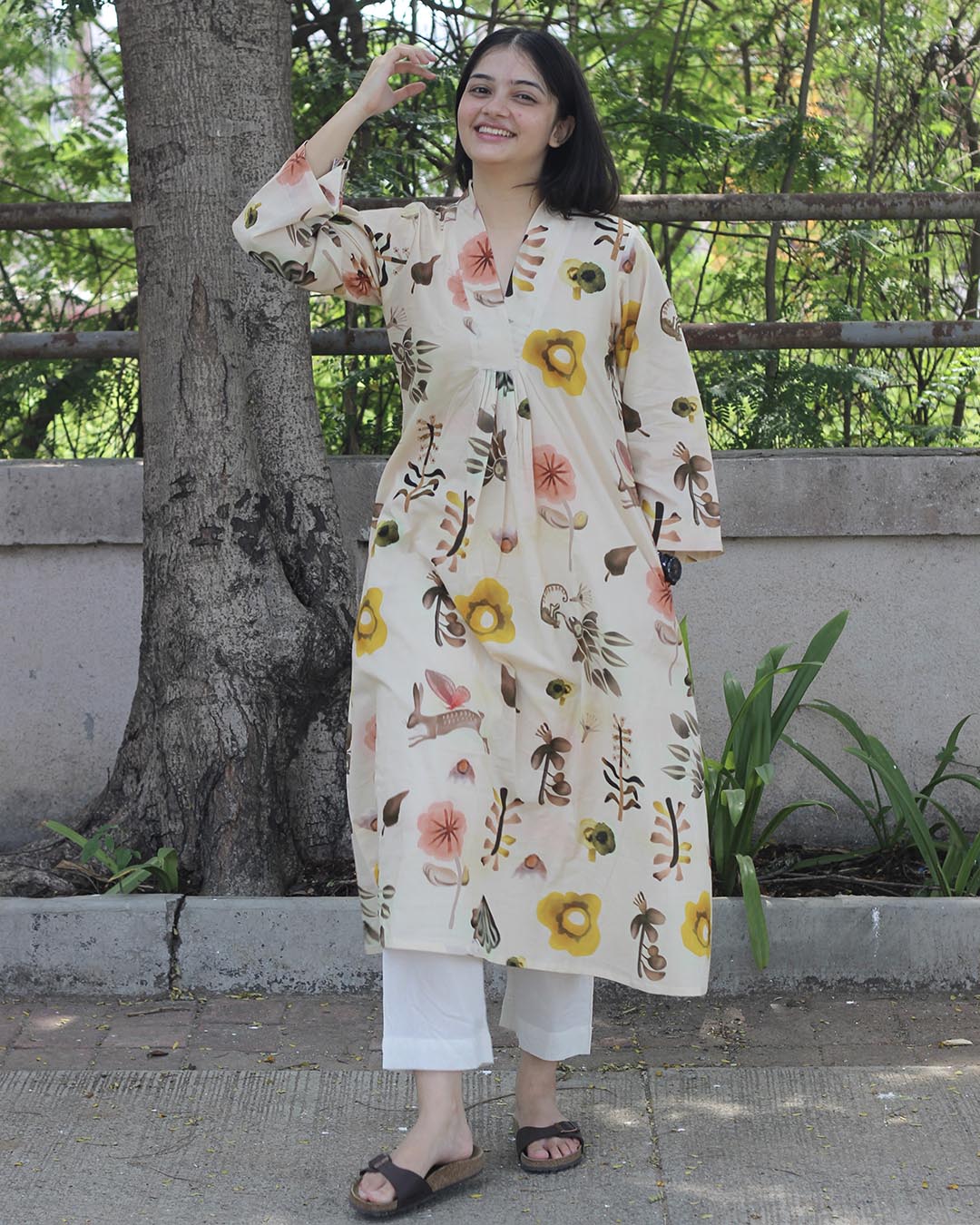 Floral printed Skin shade Premium cotton kurta