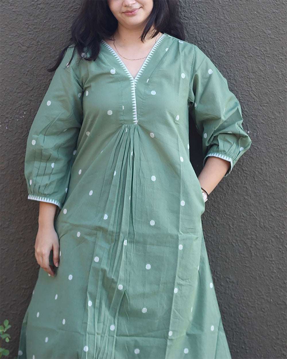 Jamdhani Polka Long Kurta - Green