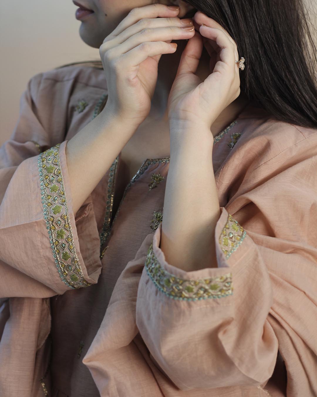 Peach Pink Mul Chanderi Suit set- Set of 3