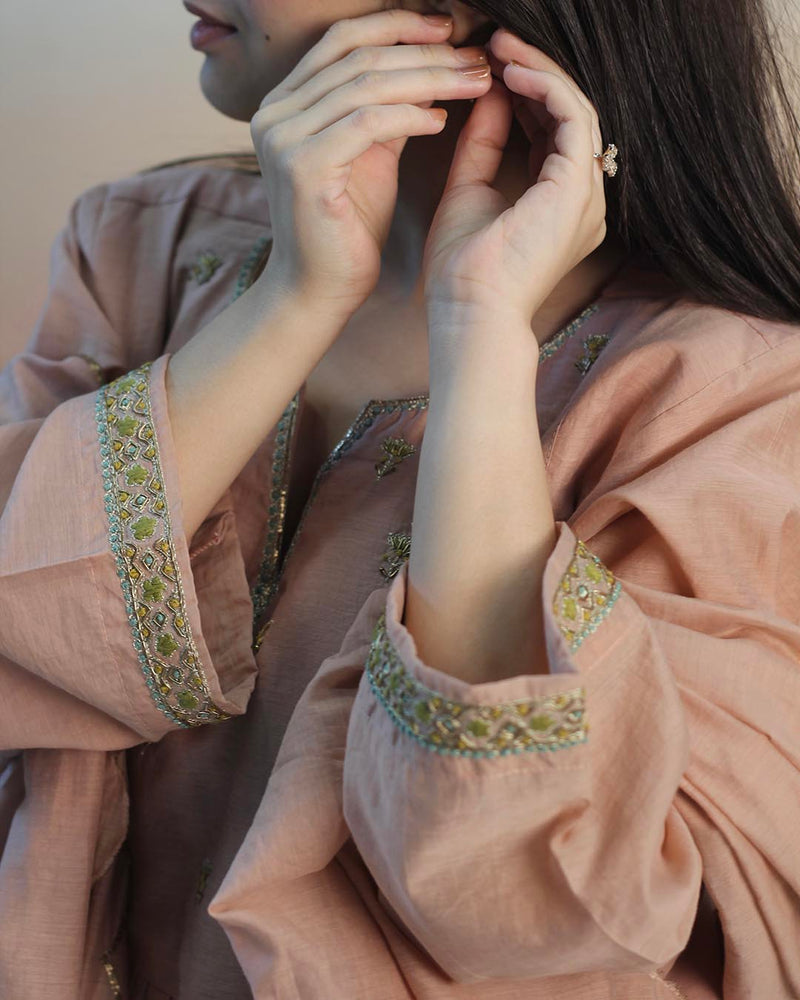 Peach Pink Mul Chanderi Suit set- Set of 3