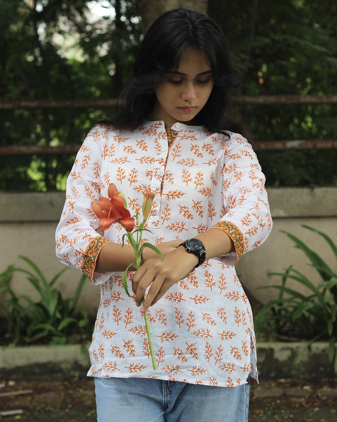 Handblock Printed Branch White Short kurta