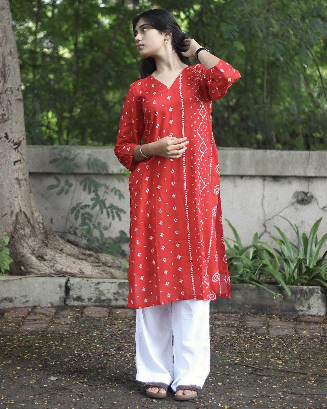Red Printed Bandhani Kurta - with Lining