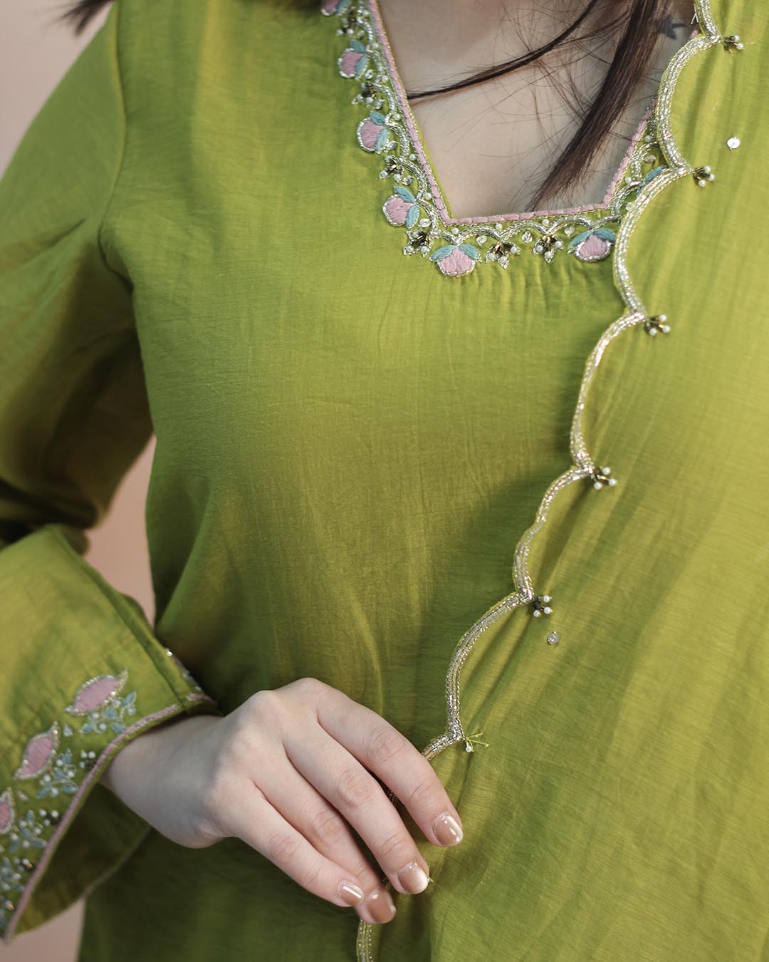 Pear Green Mul Chanderi Suit Set- Set of 3