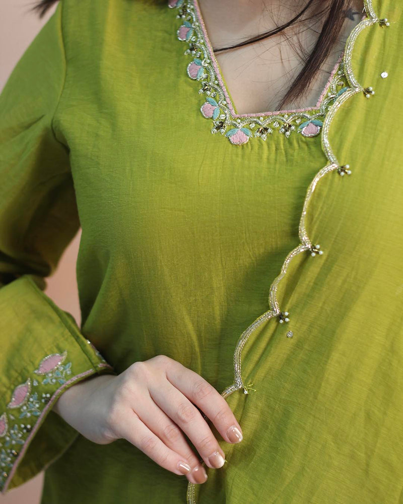 Pear Green Mul Chanderi Suit Set- Set of 3