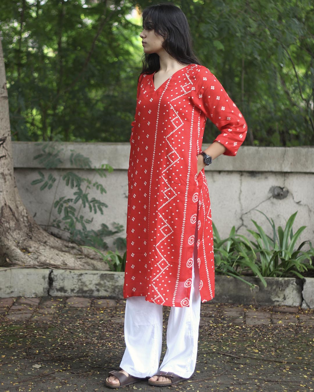 Red Printed Bandhani Kurta - with Lining