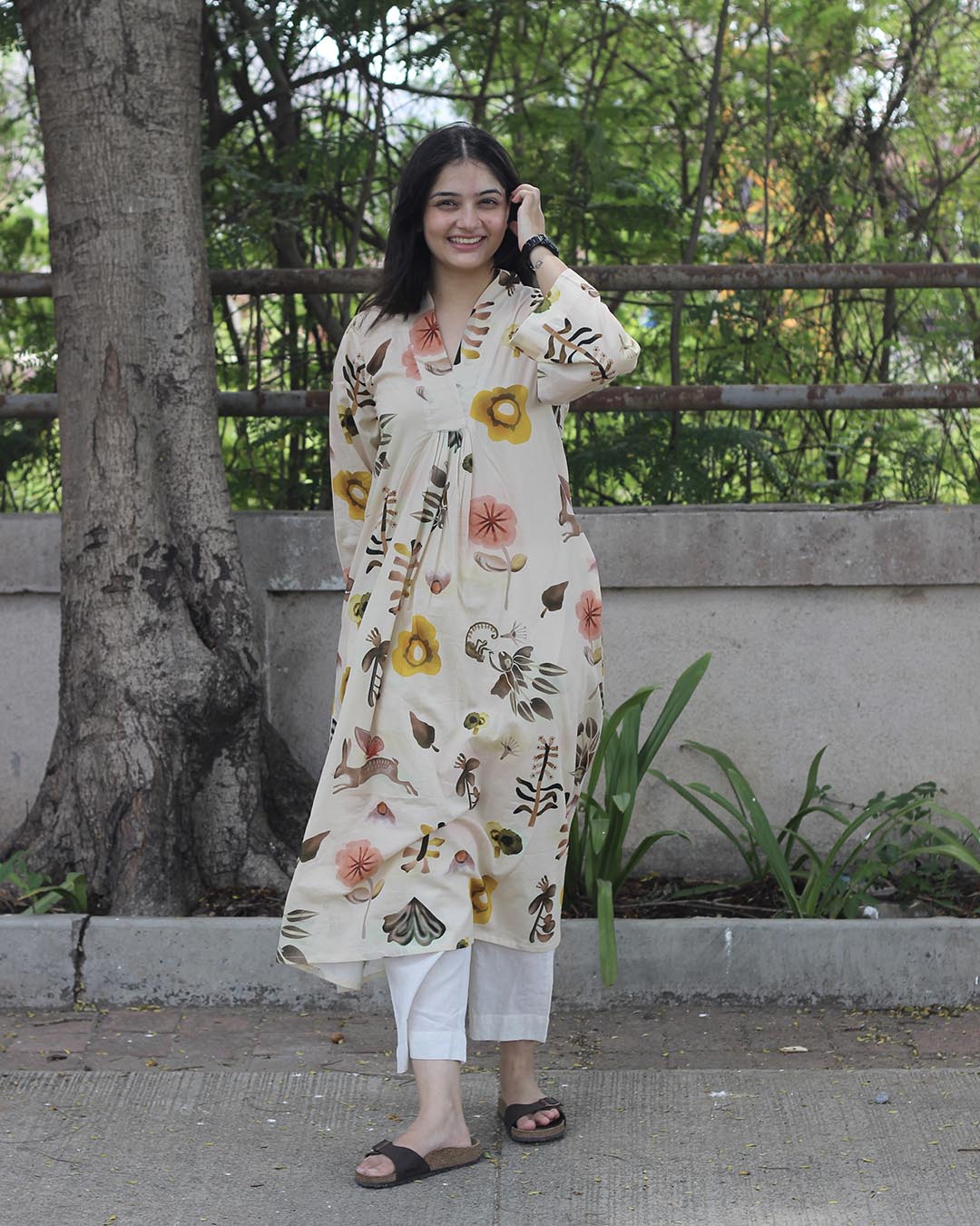 Floral printed Skin shade Premium cotton kurta