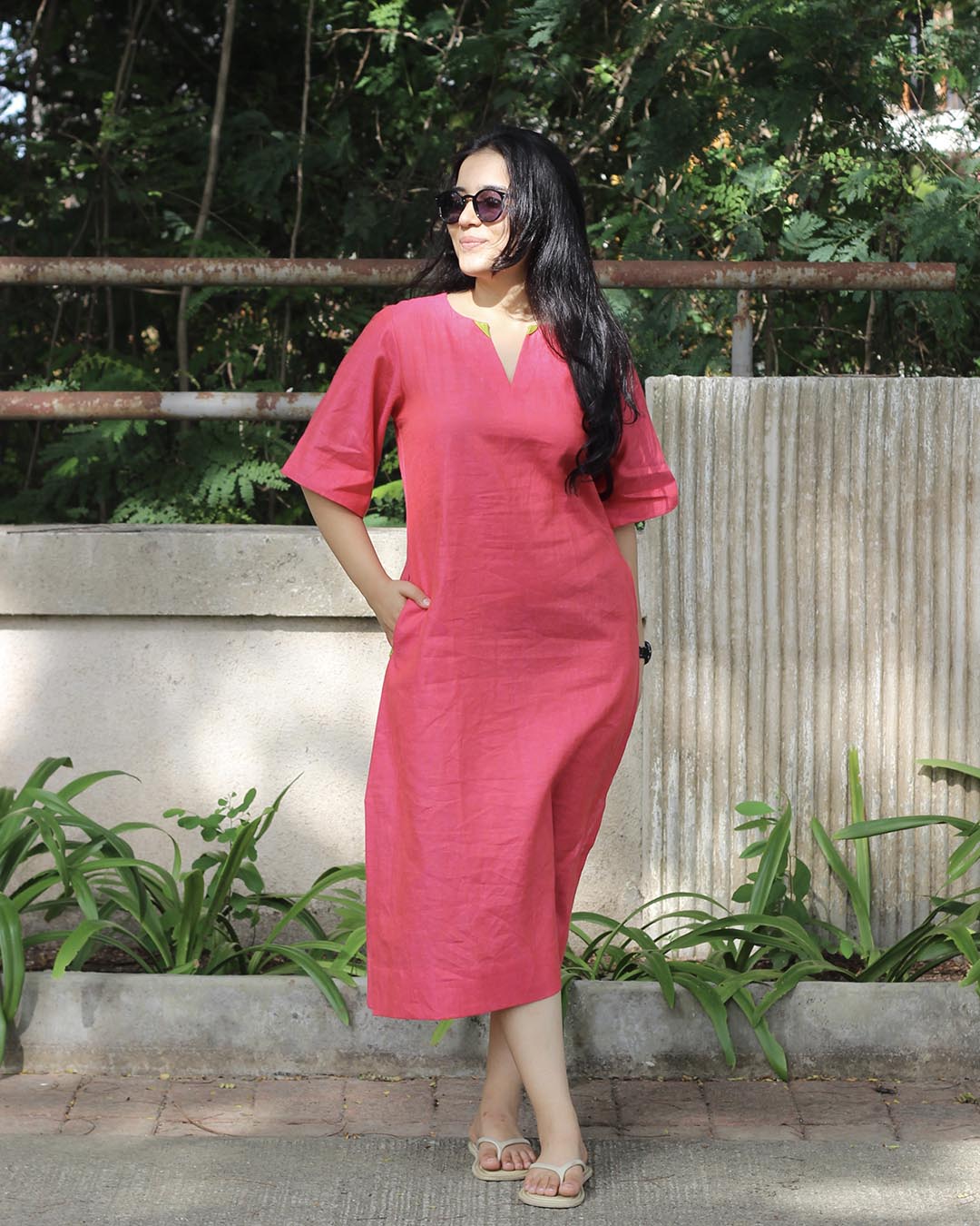 Hot pink Premium linen long Dress/Kurta