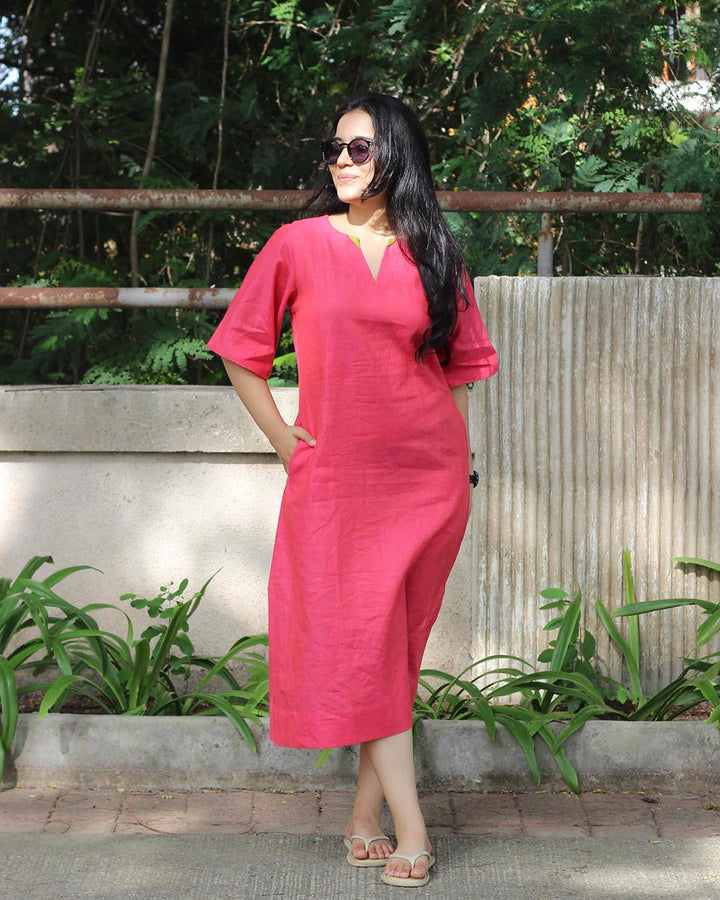 Hot pink Premium linen long Dress/Kurta