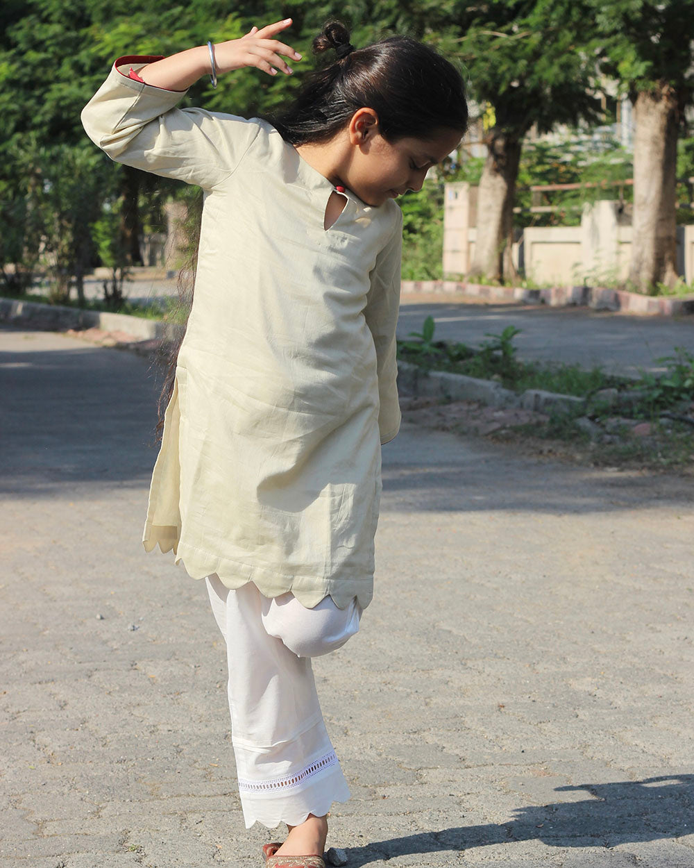 Pihu Pista green kurta with white pants