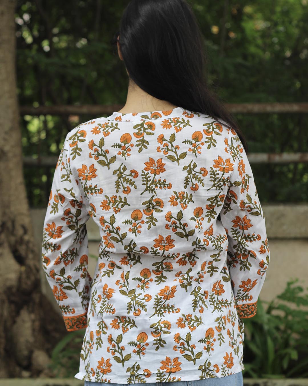 Handblock Printed Floral White Short kurta