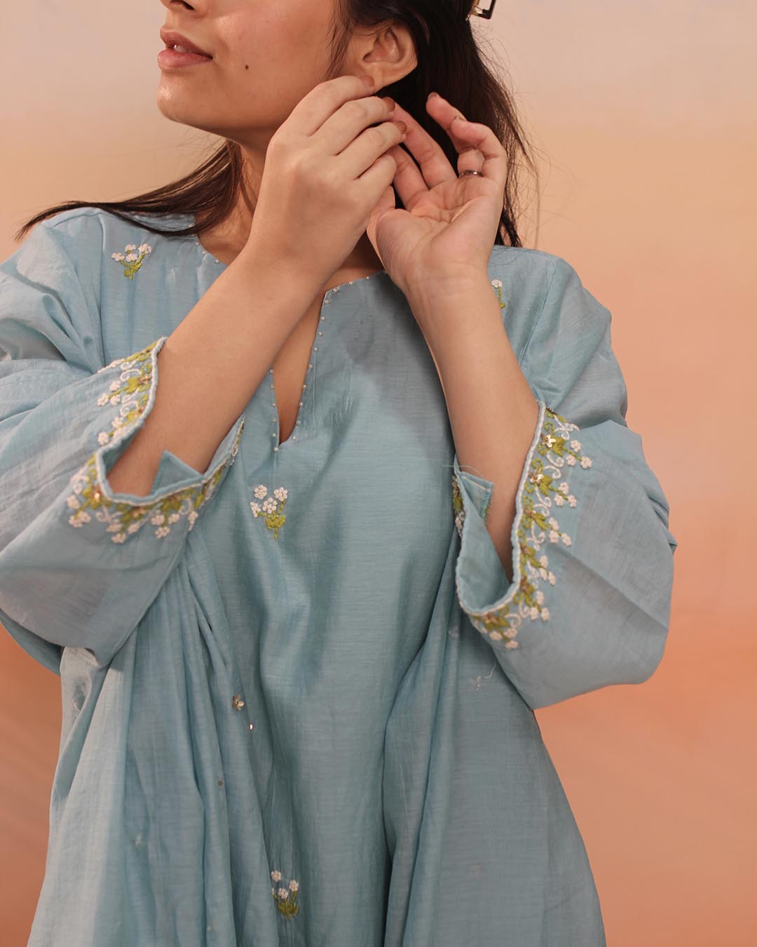 Sky blue Mul Chanderi Suit Set- Set of 3
