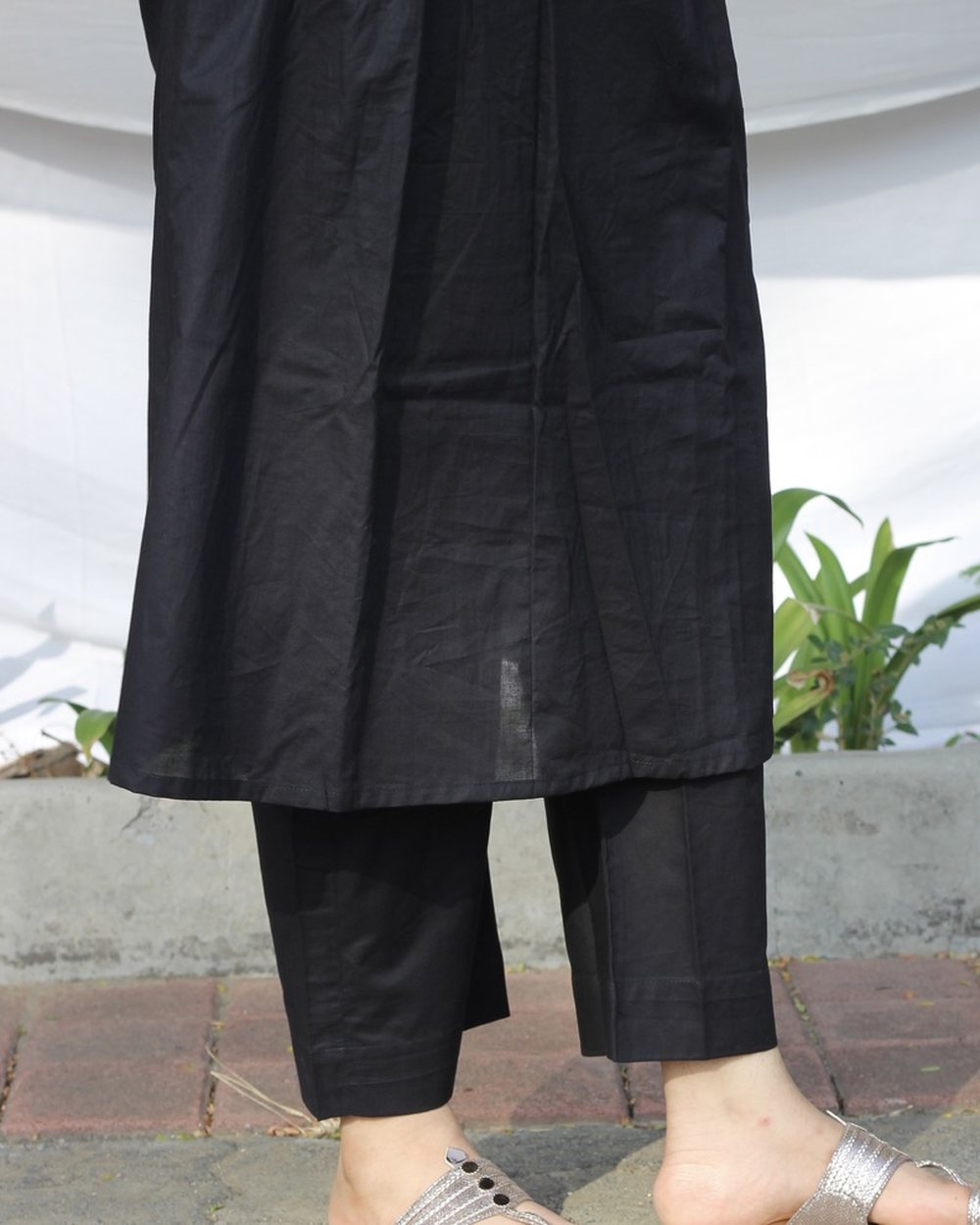 Black Pleated Cotton Kurta Set - Set of 2