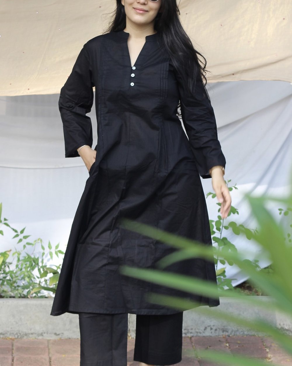 Black Pleated Cotton Kurta Set - Set of 2