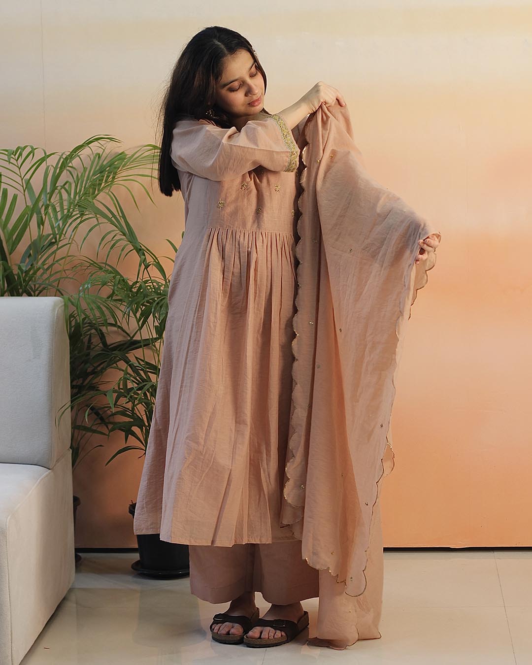 Peach Pink Mul Chanderi Suit set- Set of 3