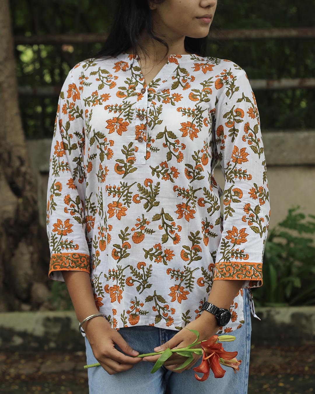 Handblock Printed Floral White Short kurta
