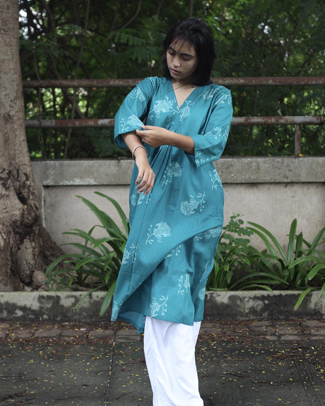 Teal Printed Long Kurta in Pure Cotton