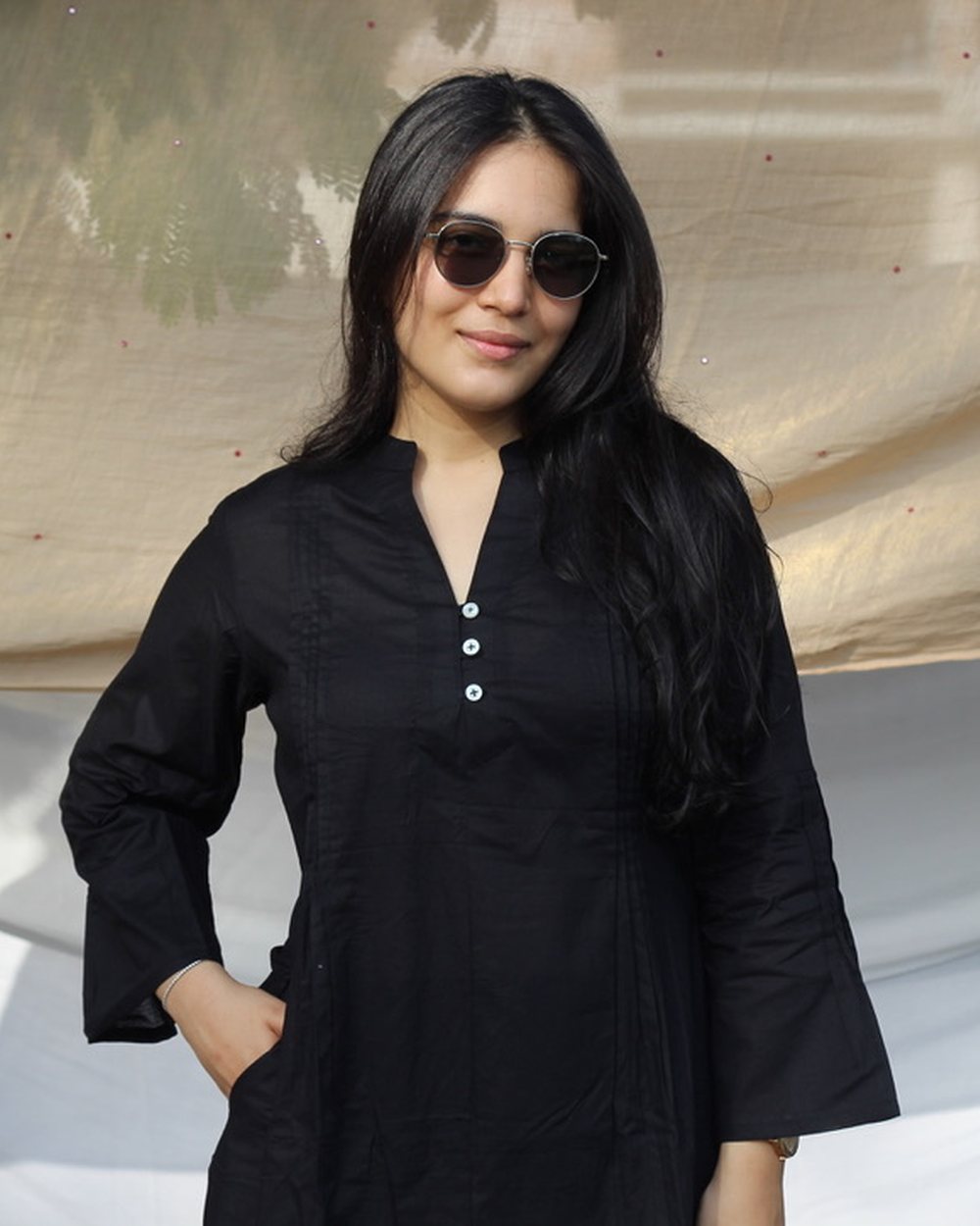 Black Pleated Cotton Kurta Set - Set of 2